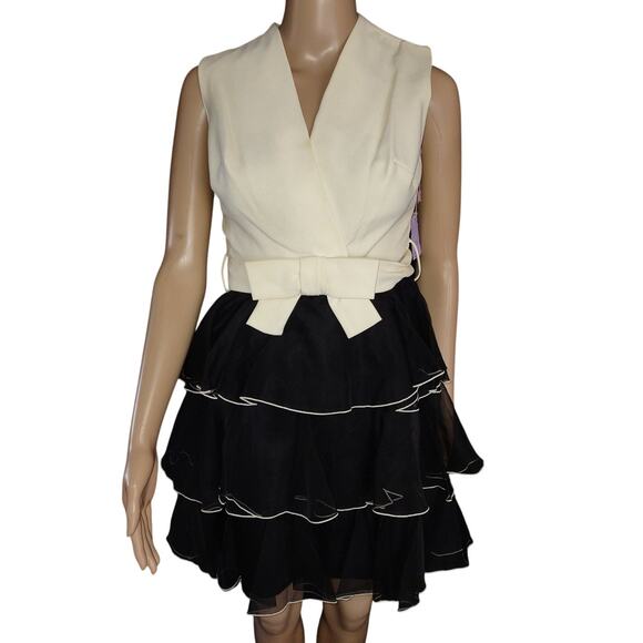 Vintage Cream Black Party Dress NWT Bow Tiered Skirt Size 5 Rayon Silk Flaws - Picture 1 of 9